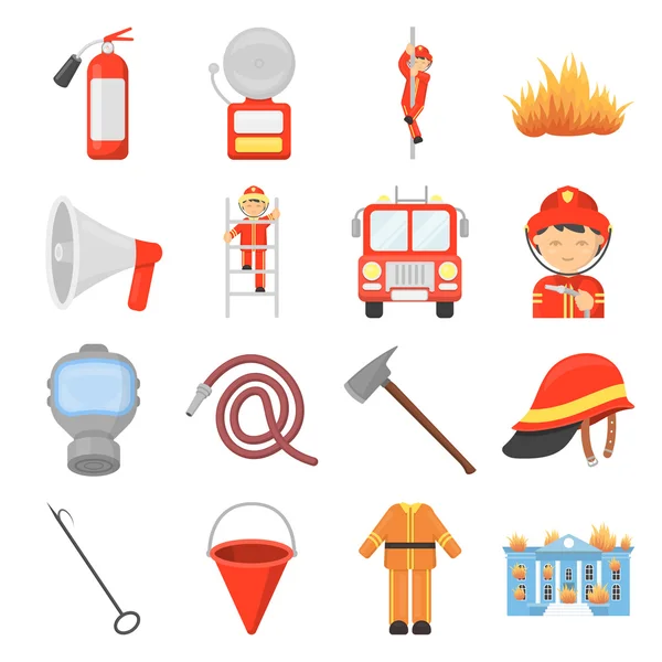 Пожежний відділ встановив піктограми в мультиплікаційному стилі. Велика колекція пожежного відділу Векторні ілюстрації символ . — стоковий вектор