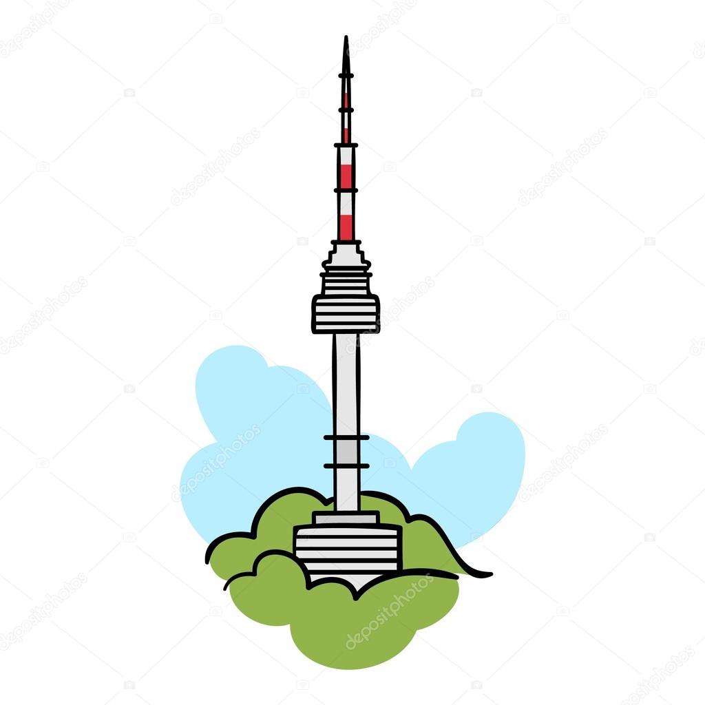 Seoul tower icon in cartoon style isolated on white background. South Korea symbol stock vector illustration.