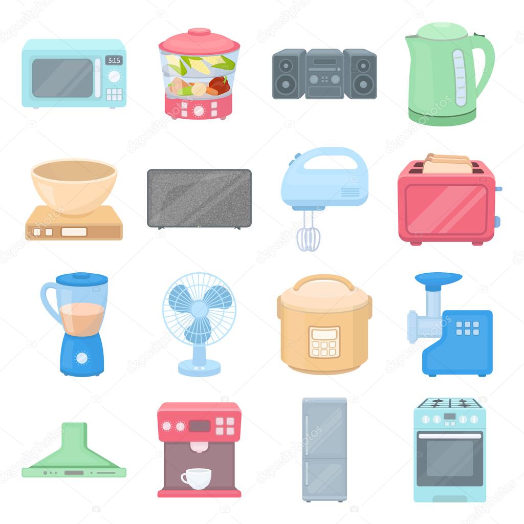 Household appliance set icons in cartoon style. Big collection of household appliance vector symbol.