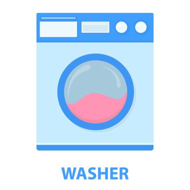 Çamaşır makinesi çizgi film simgesi. Gösterim amacıyla web ve mobil tasarım.