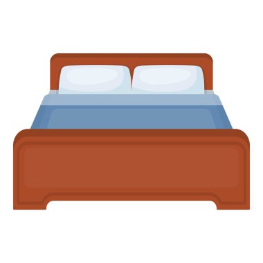 Yatak simgesi beyaz arka plan üzerinde izole karikatür tarzı. Otel sembol stok vektör çizim.