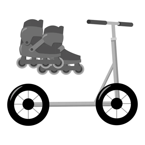 Patins em linha e ícone de scooter em estilo monocromático isolado no fundo branco. Jogar jardim símbolo estoque vetor ilustração . —  Vetores de Stock