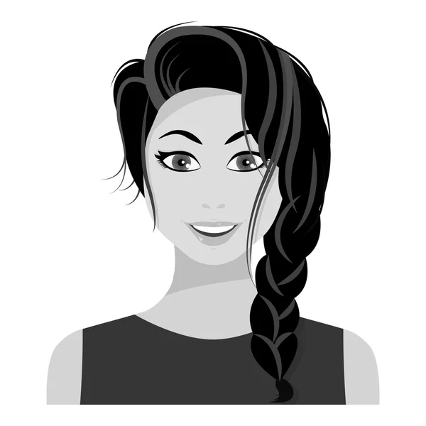 Ícone de mulher de cabelo preto em estilo monocromático isolado no fundo branco. Mulher símbolo estoque vetor ilustração . —  Vetores de Stock