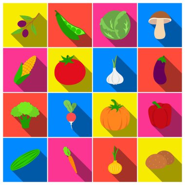 Sebze simgeler düz stil ayarlayın. Büyük koleksiyon sebze sembol stok illüstrasyon vektör