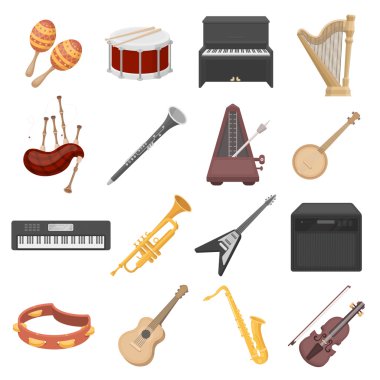 Müzik aletleri, karikatür tarzı simgeleri ayarlayın. Büyük koleksiyon müzik aletleri sembol stok illüstrasyon vektör