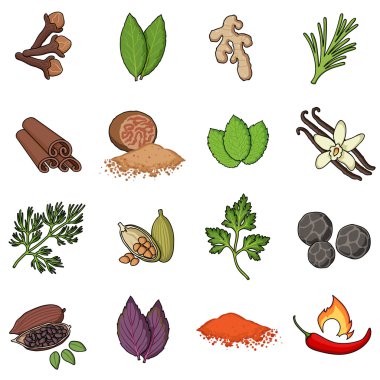 Ot ve baharat simgeler karikatür tarzı ayarlayın. Büyük koleksiyon ot ve baharat sembol stok illüstrasyon vektör