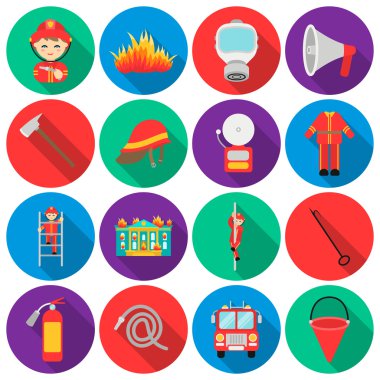 İtfaiye simgeler düz stil ayarlayın. Büyük koleksiyon itfaiye vektör simge stok çizim