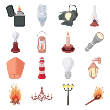 Işık kaynağı simgeleri karikatür tarzı ayarlayın. Büyük koleksiyon ışık kaynağı vektör simge stok çizim