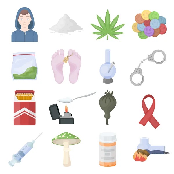 Наркотики устанавливают иконки в стиле мультфильмов. Иллюстрация векторных символов большой коллекции лекарств — стоковый вектор
