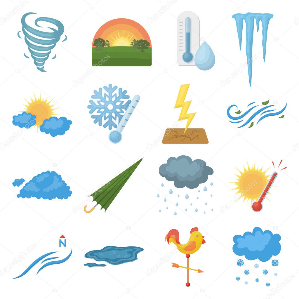 Weather set icons in cartoon style. Big collection weather vector symbol stock illustration