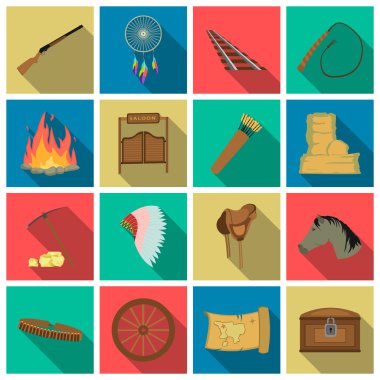 Vahşi Batı simgeler düz stil ayarlayın. Büyük koleksiyon vahşi batı vektör simge stok çizim