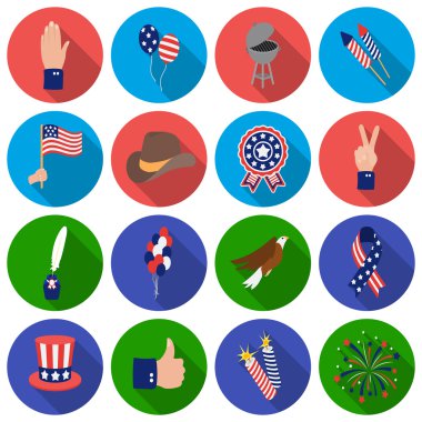 Vatansever gün içinde düz stil Icons set. Büyük koleksiyon vatansever gün vektör simge stok çizim