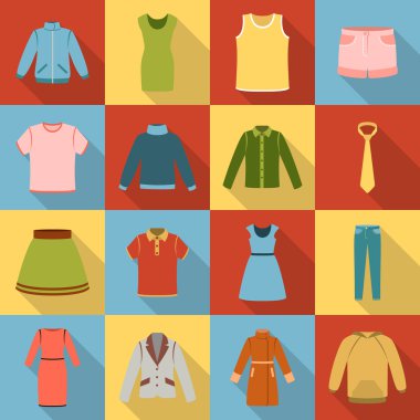 Giysi içinde düz stil Icons set. Büyük koleksiyon elbise sembol stok illüstrasyon vektör