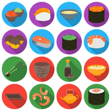 Suşi simgeler düz stil ayarlayın. Büyük koleksiyon suşi vektör simge stok çizim