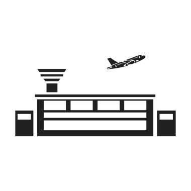 Havaalanı simge siyah stil beyaz arka plan üzerinde izole içinde. Bina sembol stok vektör çizim.