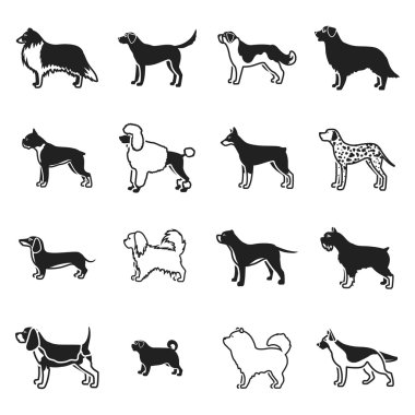 Köpek ırkları simgeler siyah tarzında ayarlayın. Büyük koleksiyon köpek ırkları sembol stok illüstrasyon vektör