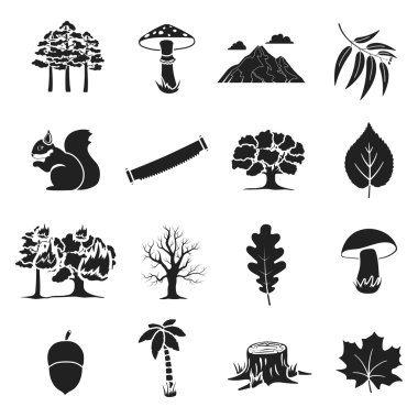 Orman simgeler siyah tarzında ayarlayın. Büyük koleksiyon orman vektör simge stok çizim