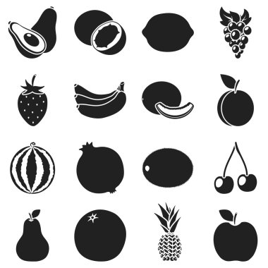 Meyve simgeler siyah tarzında ayarlayın. Büyük koleksiyon meyve sembol stok illüstrasyon vektör