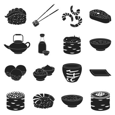 Suşi simgeler siyah tarzında ayarlayın. Büyük koleksiyon suşi vektör simge stok çizim