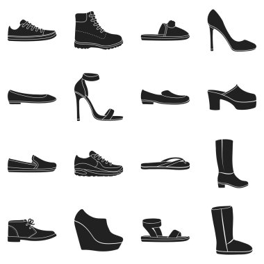 Ayakkabı Siyah tarzında Icons set. Büyük koleksiyonu ayakkabı sembol stok illüstrasyon vektör
