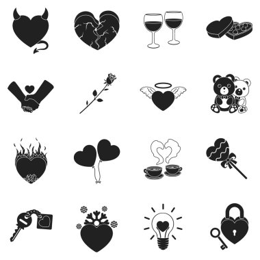 Romantik siyah tarzında Icons set. Büyük koleksiyon romantik vektör simge stok çizim