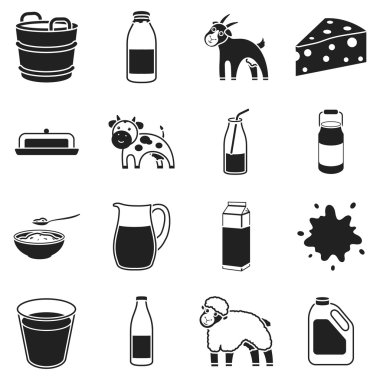 Süt simgeler siyah tarzında ayarlayın. Büyük koleksiyon süt vektör simge stok çizim
