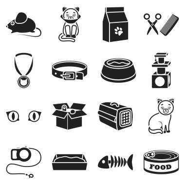 Kedi donanımları simgeler siyah tarzında ayarlayın. Büyük koleksiyon kedi ekipman vektör simge stok çizim