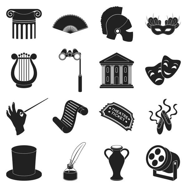 El teatro establece iconos en estilo negro. Gran colección teatro vector símbolo stock ilustración — Vector de stock