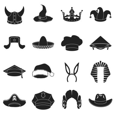 Şapka siyah tarzında Icons set. Büyük koleksiyon şapka sembol stok illüstrasyon vektör