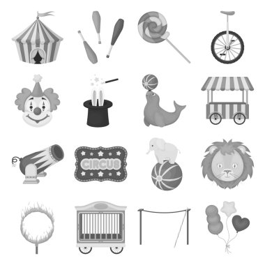 Sirk tek renkli bir tarzda Icons set. Sirk vektör simge stok çizim büyük toplama