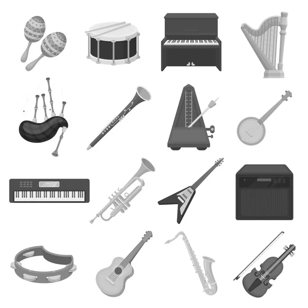 Instrumentos musicais definir ícones em estilo monocromático. Grande coleção de instrumentos musicais símbolo vetorial ilustração stock —  Vetores de Stock