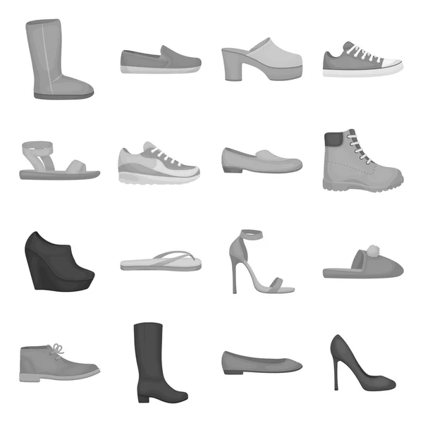 Schoenen stel pictogrammen in zwart-wit stijl. Grote collectie schoenen vector symbool stock illustratie — Stockvector