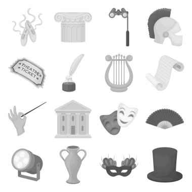Tiyatro, tek renkli bir tarzda Icons set. Tiyatro vektör simge stok çizim büyük toplama