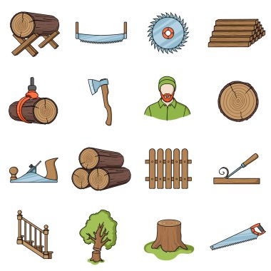 Sawmil ve kereste simgeler karikatür tarzı ayarlayın. Büyük koleksiyon kereste ve ahşap sembol stok illüstrasyon vektör