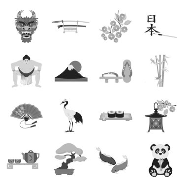 Japonya, tek renkli bir tarzda Icons set. Japonya vektör simge stok çizim büyük toplama