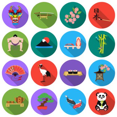 Japonya simgeler düz stil ayarlayın. Büyük koleksiyon Japonya vektör simge stok çizim