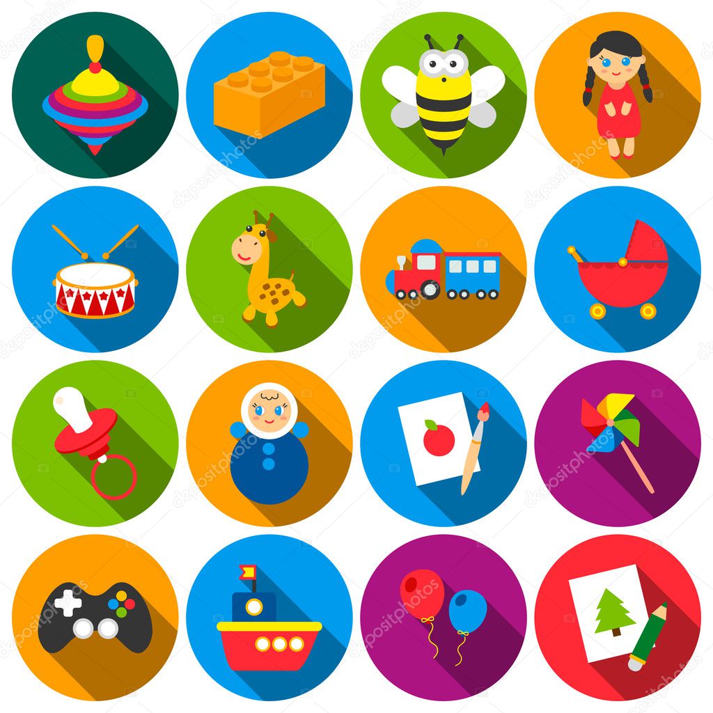 Toys set icons in flat style. Big collection toys vector symbol stock