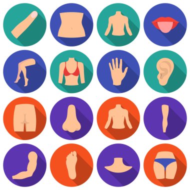 Vücut parçası düz stil Icons set. Büyük koleksiyon parçası vücut vektör simge stok çizim