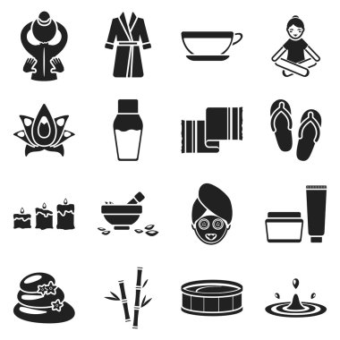 Spa set simgeleri Siyah tarzında. Büyük koleksiyon spa vektör simge stok çizim