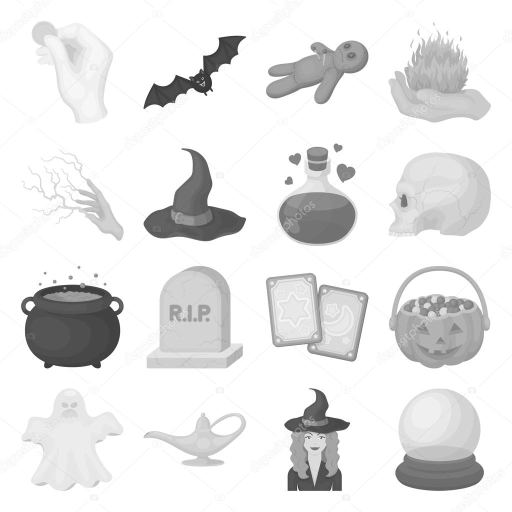 Black and white magic set icons in monochrome style. Big collection of and white magic vector symbol stock illustration