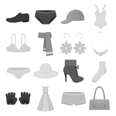 Giysi, tek renkli bir tarzda Icons set. Giysi büyük koleksiyonu sembol stok illüstrasyon vektör