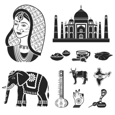 Hindistan simgeler siyah tarzında ayarlayın. Hindistan vektör simge stok çizim büyük toplama