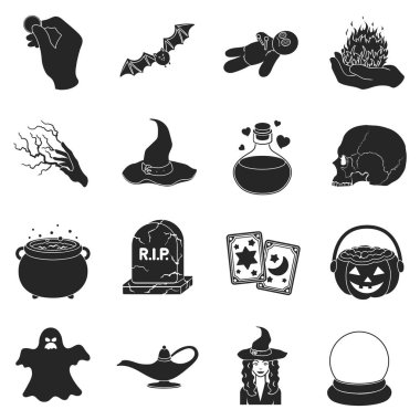 Siyah ve beyaz sihir Siyah tarzında Icons set. Siyah ve beyaz sihirli vektör simge stok çizim büyük toplama