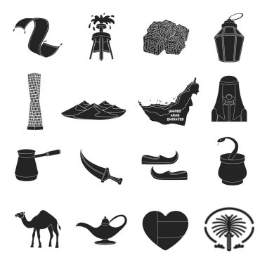 Arap Emirlikleri simgeler siyah tarzında ayarlayın. Arap Emirlikleri büyük toplama sembol stok illüstrasyon vektör