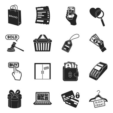 E-ticaret simgeler siyah tarzında ayarlayın. E-ticaret vektör simge stok çizim büyük toplama