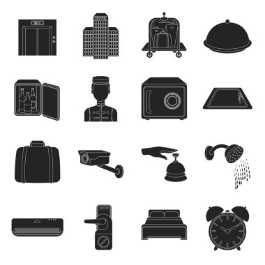 Otel simgeler siyah tarzında ayarlayın. Otel vektör simge stok çizim büyük toplama