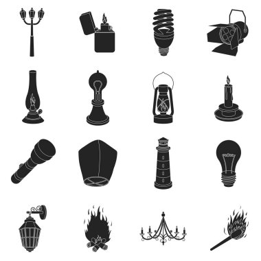 Işık kaynağı simgeler siyah tarzında ayarlayın. Işık kaynağının vektör simge stok çizim büyük toplama