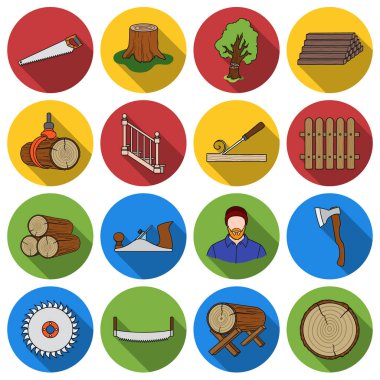 Sawmil ve kereste simgeler düz stil ayarlayın. Kereste ve ahşap vektör simge stok illüstrasyon büyük toplama