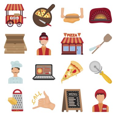 Pizza ve pizza simgeler karikatür tarzı ayarlayın. Pizza ve pizza vektör simge stok illüstrasyon büyük toplama