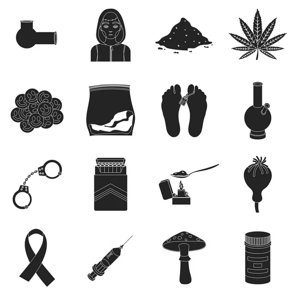 Uyuşturucu simgeler siyah tarzında ayarlayın. İlaçların büyük koleksiyonu sembol stok illüstrasyon vektör — Stok Vektör